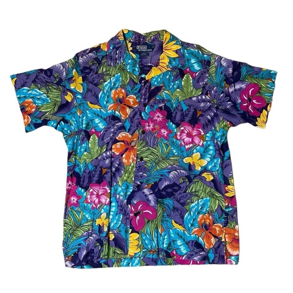 VTG Polo Ralph Lauren Adams Cotton Hawaiian Shirt Size M Purple Blue Flowers